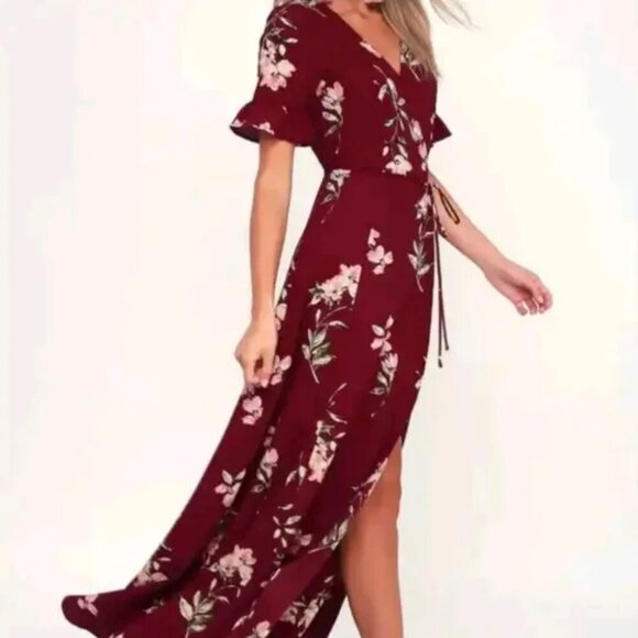 Lulus September Sunsets Burgundy Floral Print Wrap Maxi Dress - Picture 2 of 10